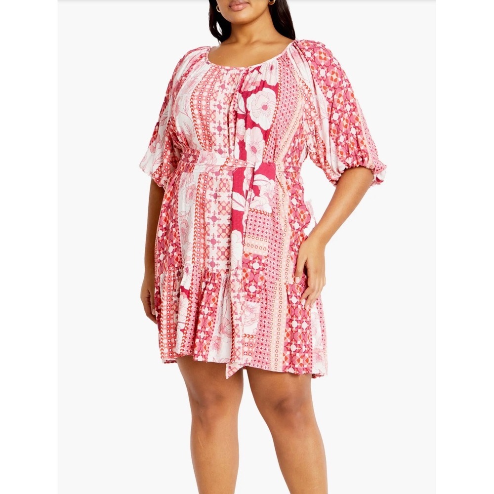 City Chic Cosmo Mini Dress Pink Floral Patchwork Puff Sleeve Plus Size XL 22